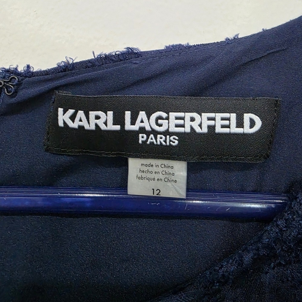 Karl Lagerfeld Paris Navy Blue Floral Eyelash Lace Pearl Detail Shift Dress 12 - Picture 4 of 8